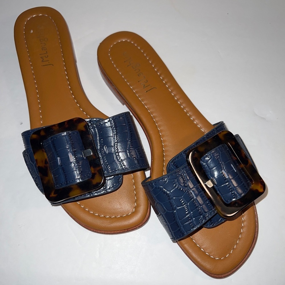 J. McLaughlin Navy and Tan Croc-Embossed Sandals